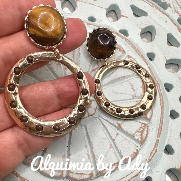 Tiger's eye gold statement oversized big dangle hoops earrings - Picture 1 of 5
